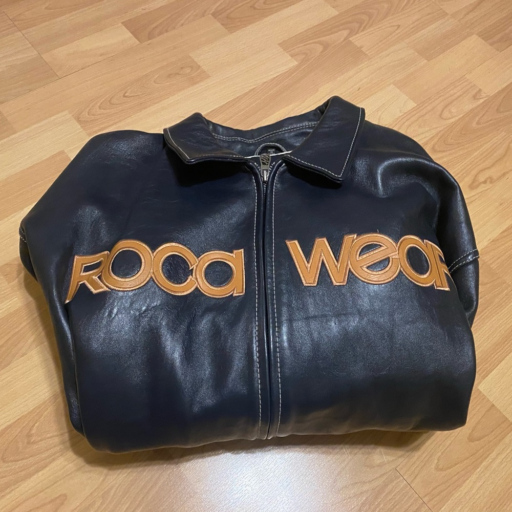 Rocawear Dark Navy and Orange Leather Bomber Jacket
